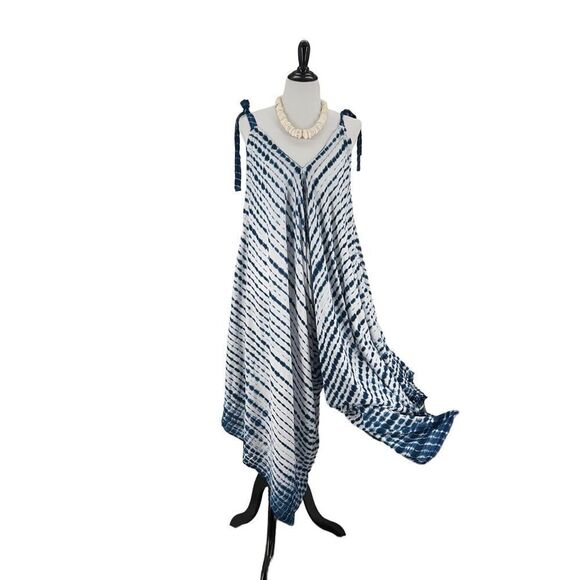 The Pō`alima Romper Blue/White V-Neck V Back Shoulder Tie  Boho Gypsy  Wide Leg - Picture 15 of 15
